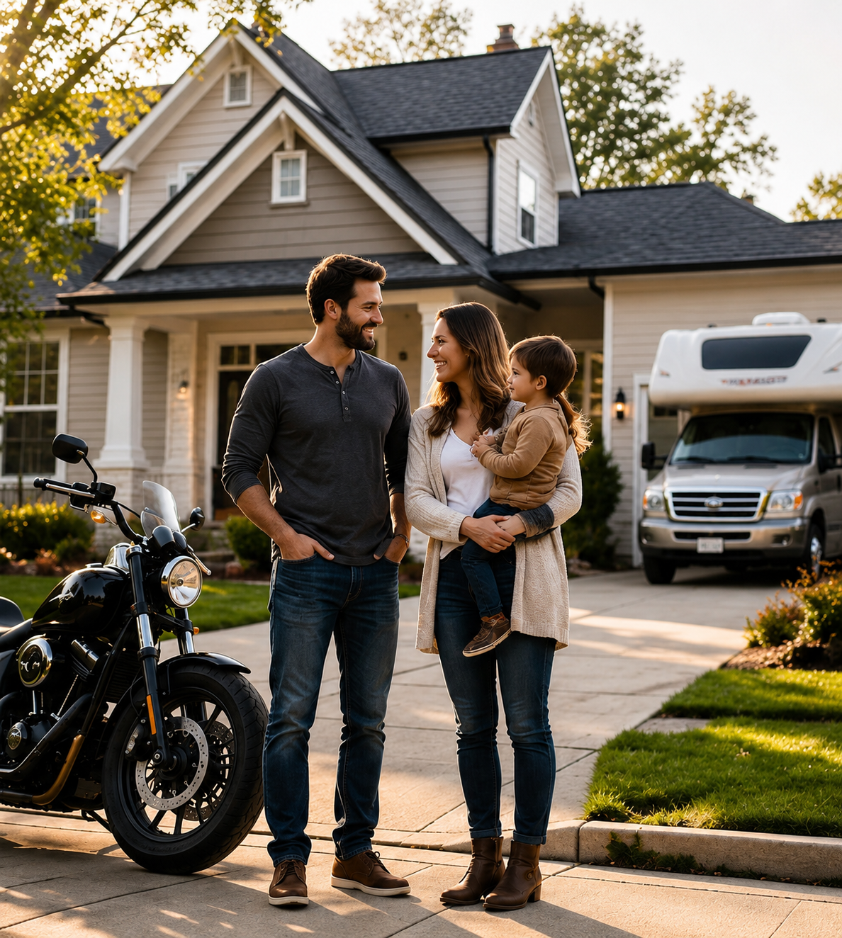 Family with home, motorcycle, RV and recreational insurance coverage