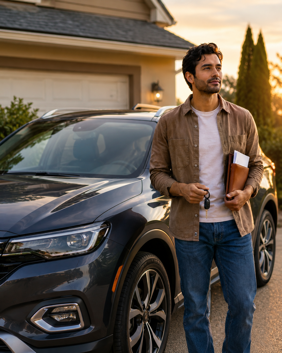 Driver standing beside a car with keys and documents